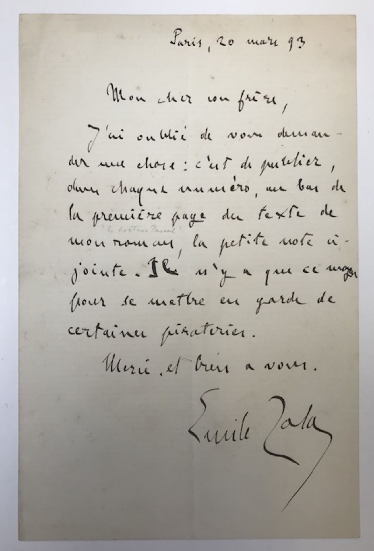 ZOLA, Émile (1840-1902). Autograph and signed letter in French (to Georges Charpentier?). Paris,