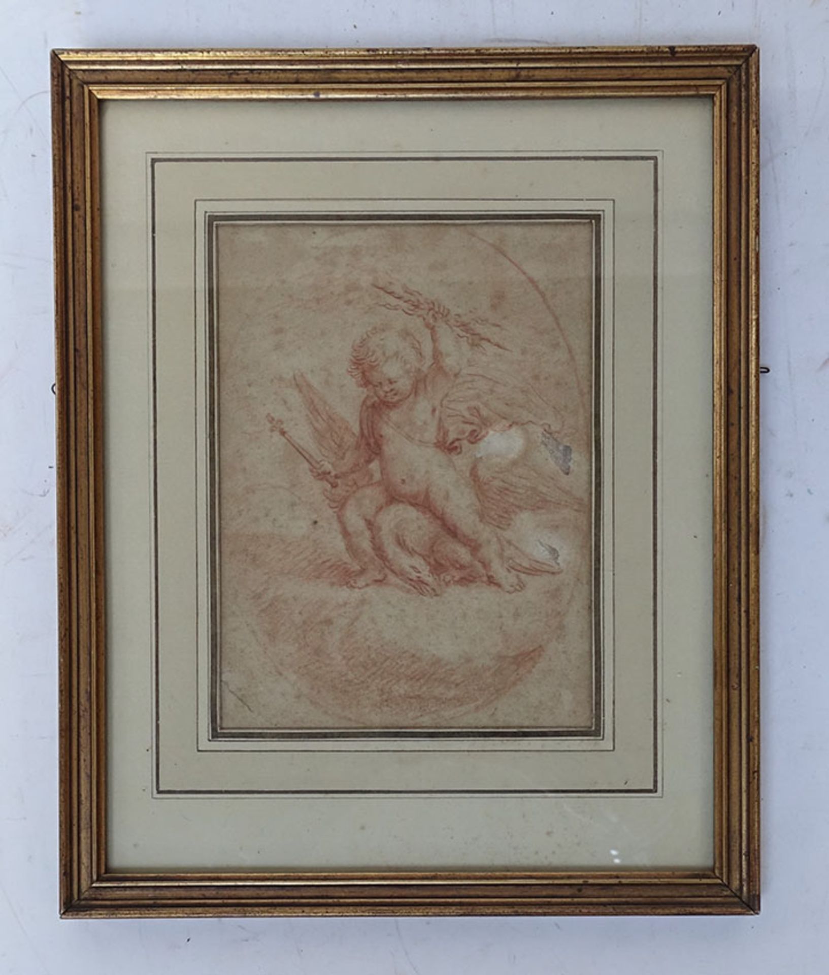 FLEMISH SCHOOL, 18th c. -- (Young Jupiter with the Eagle). Oval drawing in red chalk. 164 x 122