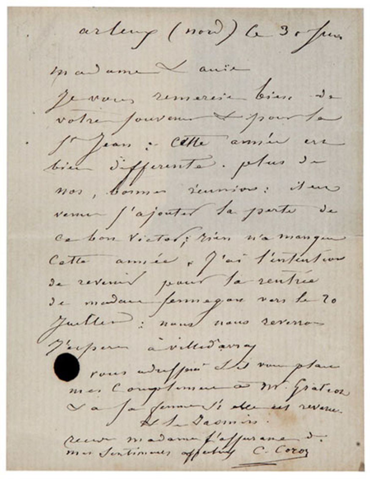 COROT, Jean-Baptiste Camille (1796-1875). Signed autograph letter in French to Madame ? Arleux-du-