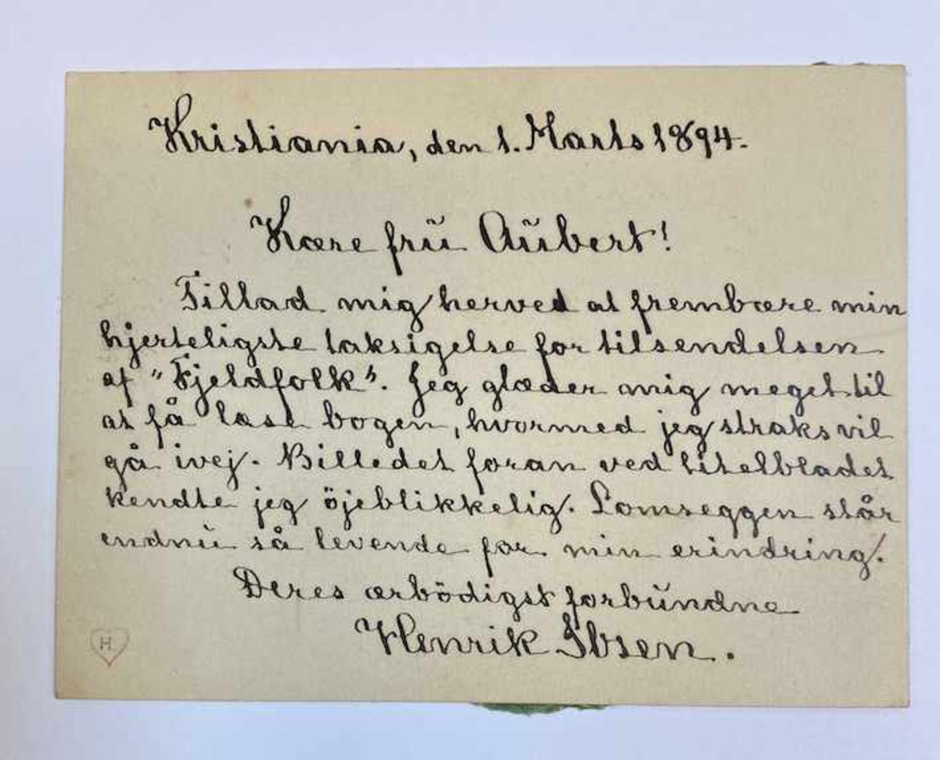 IBSEN, Henrik (1828-1906). Autograph and signed letter in Norwegian to the Norwegian writer/novelist