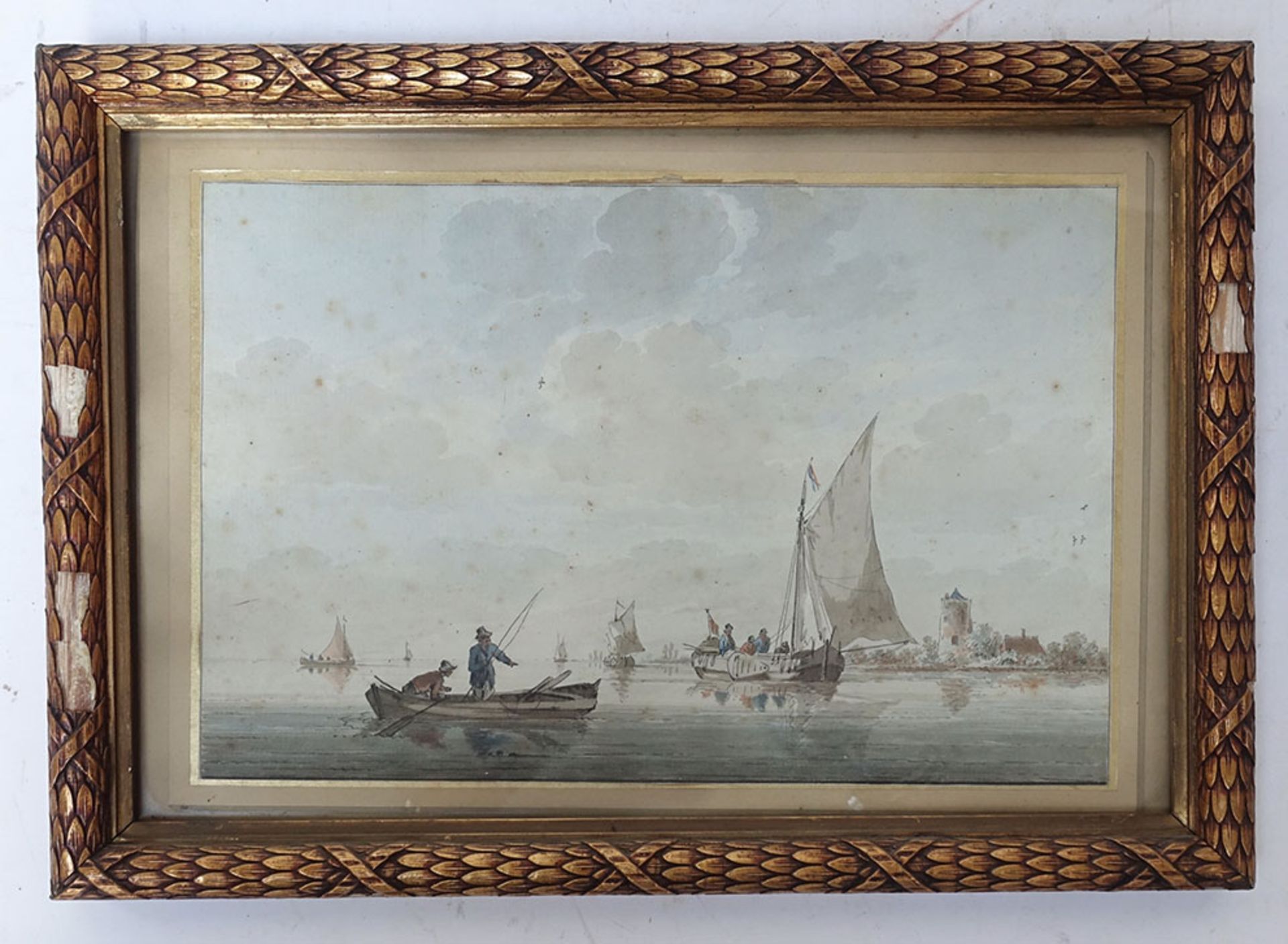 DUTCH SCHOOL, 19th c. -- (Boats on a river, Fishermen in the foreground). Watercolour. 170 x 257 mm.