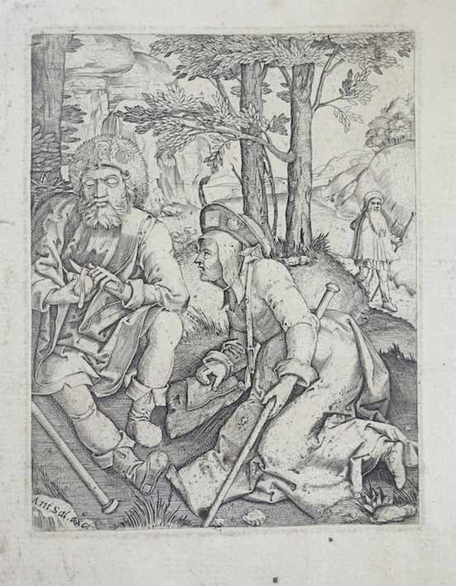LEYDEN, Lucas v. (1494-1533). (Pilgrims at rest). Ant. Sal. exc. Engraving in reverse without the