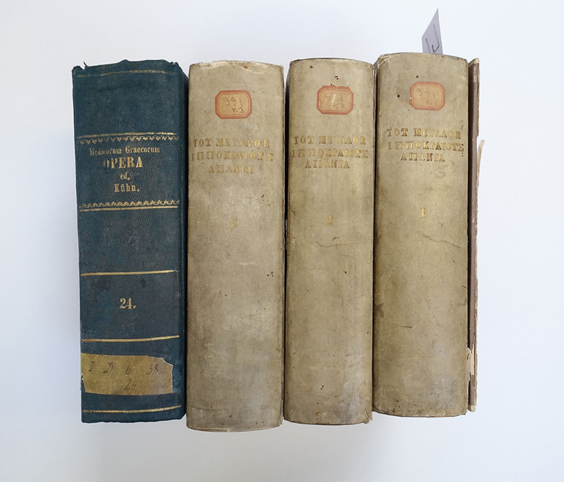 HIPPOCRATES. Opera omnia. Ed. C.G. Kühn. Lpz., C. Knobloch, 1825-27. 3 vols. Cont. h. vellum. (Upper