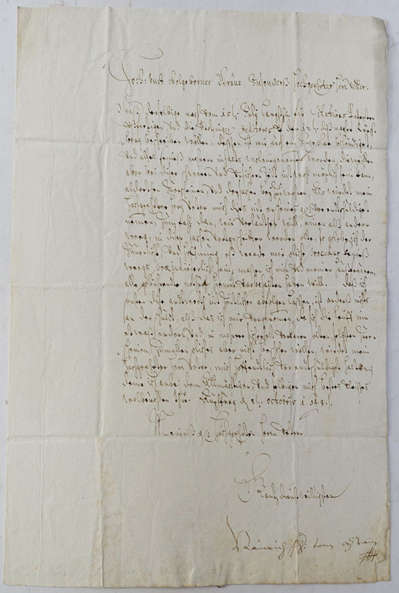 FUGGER -- STEIN, Heinrich v. Letter in German to his cousin Heinrich Raymund FUGGER (1611-1656?), - Bild 2 aus 2