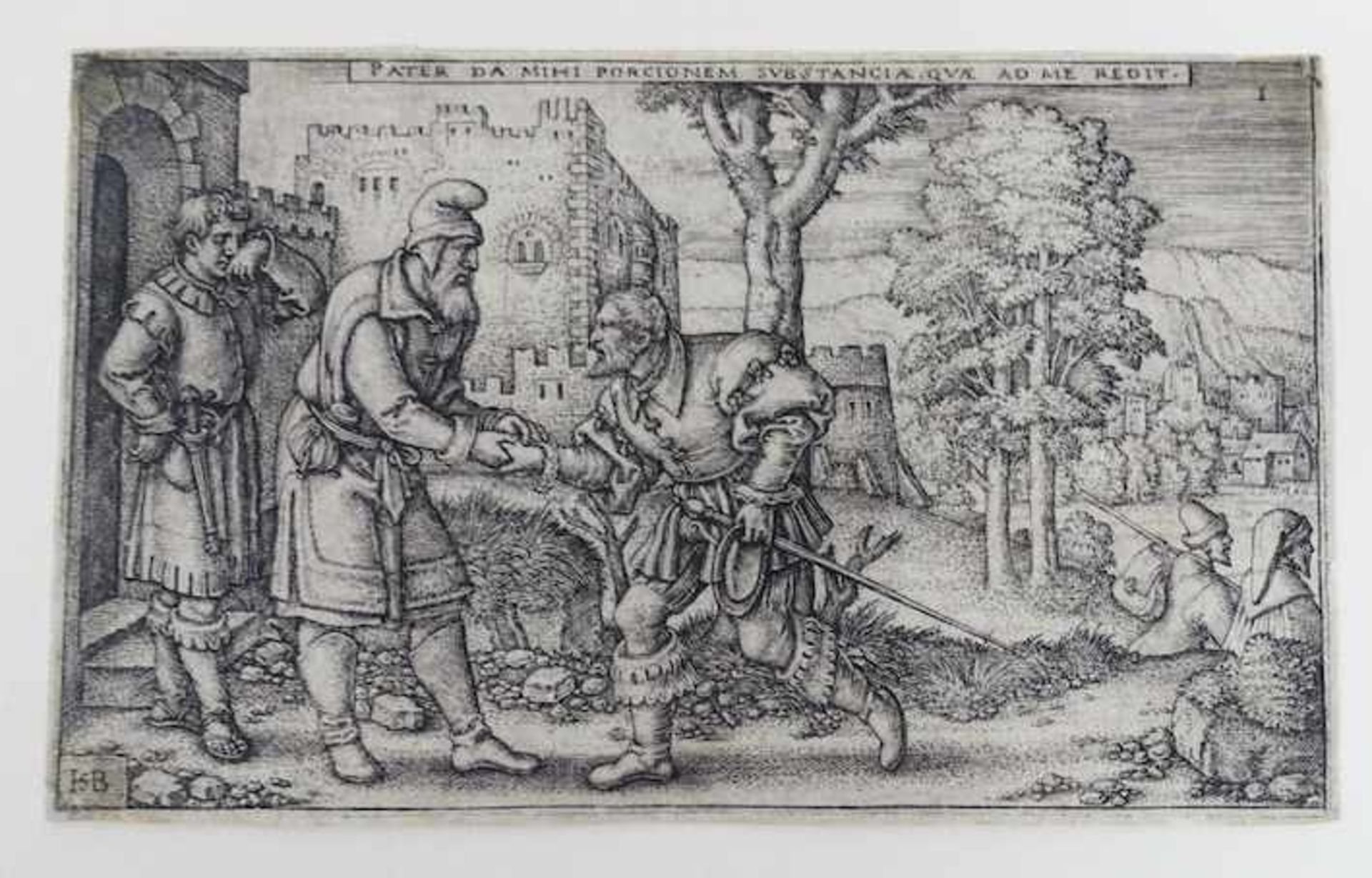 BEHAM, Hans Sebald (1500-1550). (Departure of the Prodigal Son). Engr. 58 x 97 mm. Monogrammed 'HSB'
