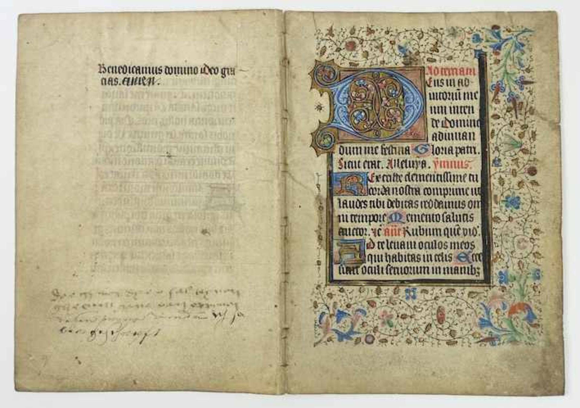 BOOK ILLUSTRATION -- BOOK OF HOURS, Dutch 2nd h. 15th c. 4 pages on 1 leaf. Finely decorated and