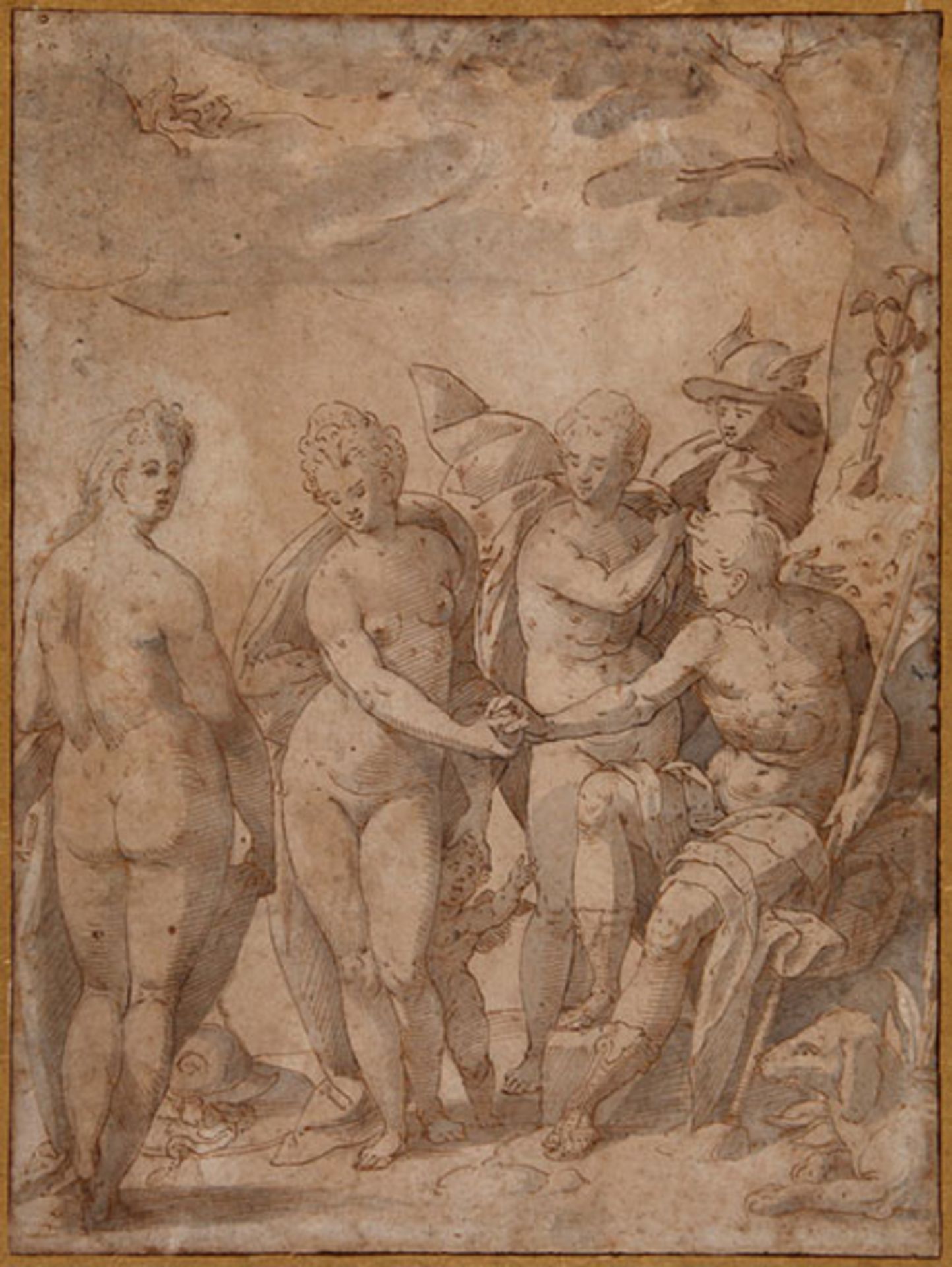 FLEMISH SCHOOL, 16th c. -- (The Judgment of Paris). Drawing in brown ink and grey wash. 364 x 272