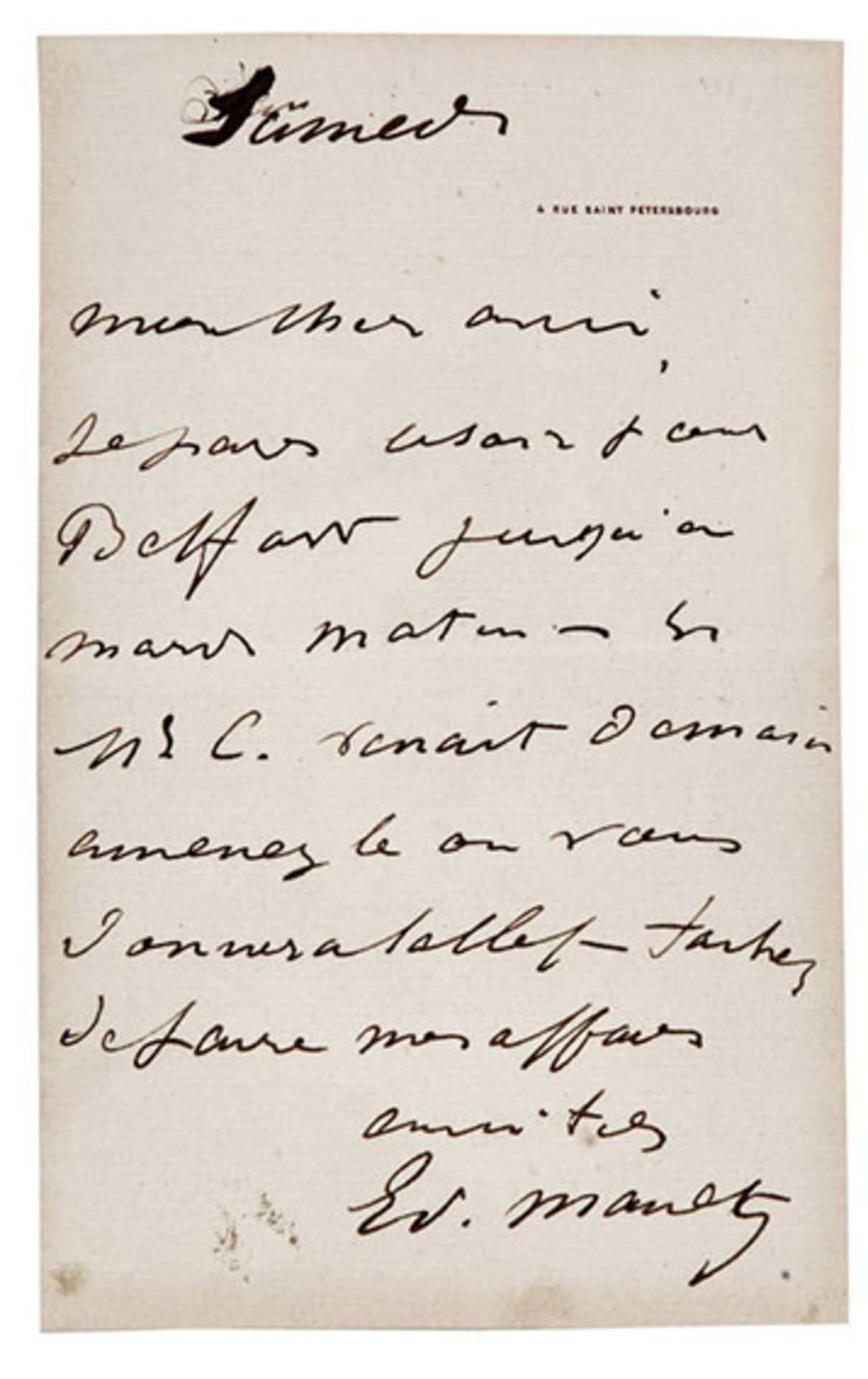 MANET, Édouard (1832-1883). Signed autograph letter in French. N.d. Announcement of 10 lines to