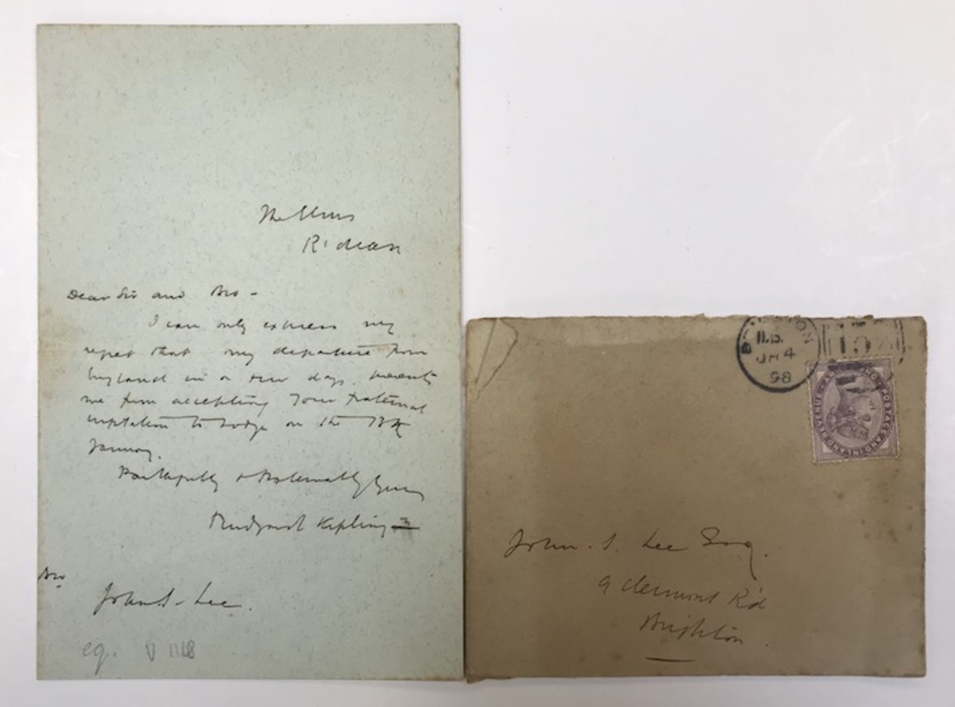KIPLING, Rudyard (1865-1935). Autograph and signed letter in English to John I. Lee Esq. (?). (