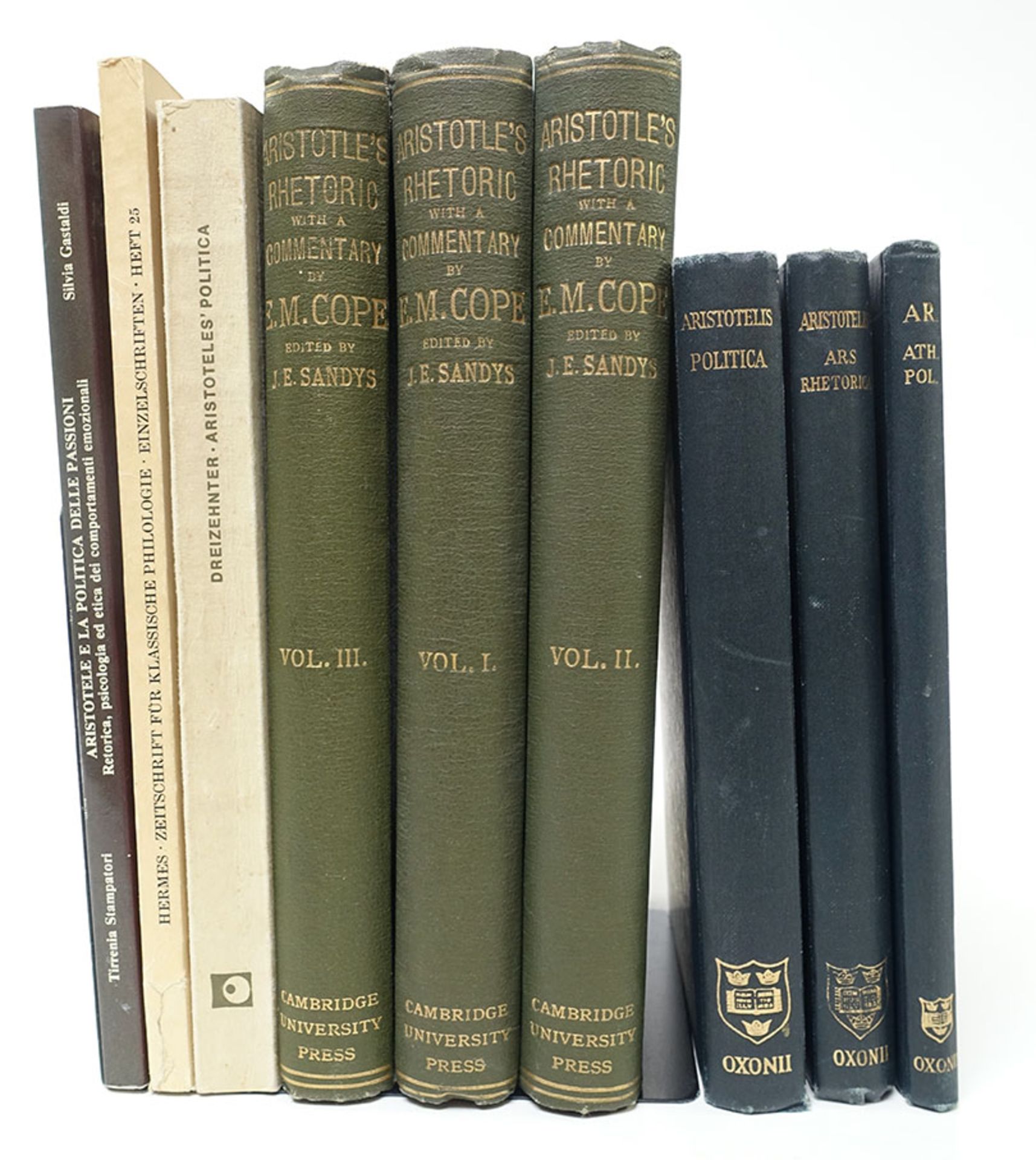 ARISTOTELES. Rhetoric. W. comm. by E.M. Cope. Rev. & ed. by J.E. Sandys. Cambr., 1877. 3 vols.