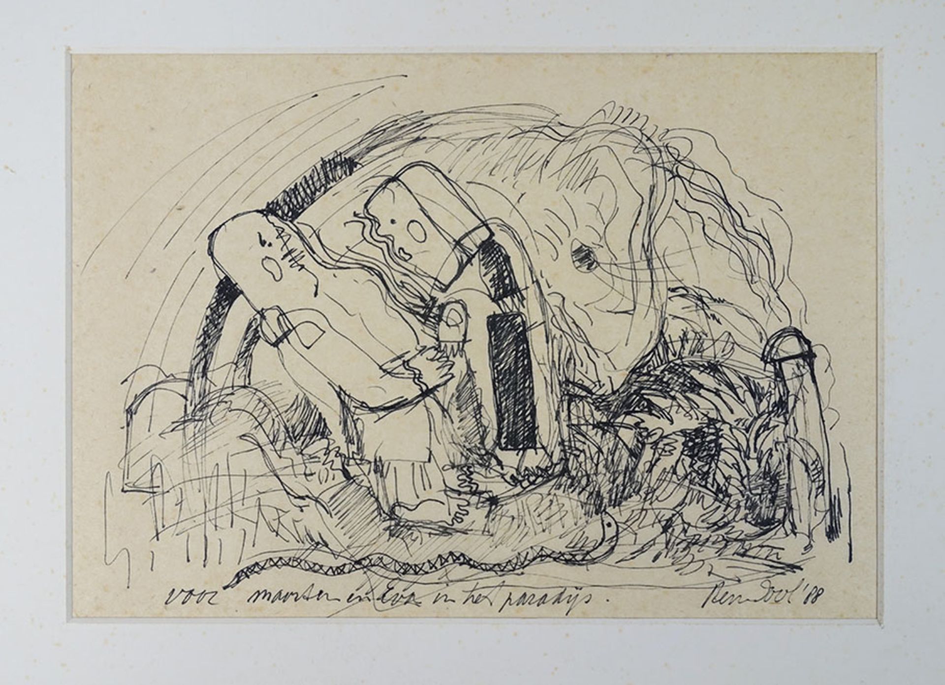 DOOL, Rein (b. 1933). "Voor Maarten en Eva in het paradijs". 1988. Drawing in ink on paper. 215 x