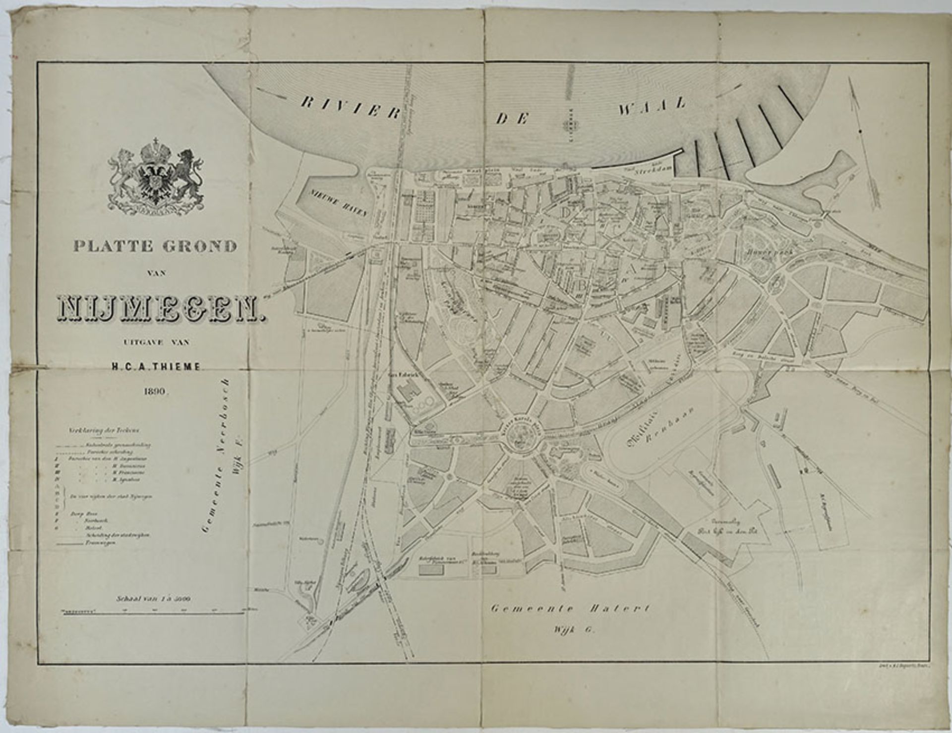 NIJMEGEN -- "PLATTE GROND VAN NIJMEGEN". Uitgave H.C.A. Thieme, 1890. Lithogr. plan of the city,