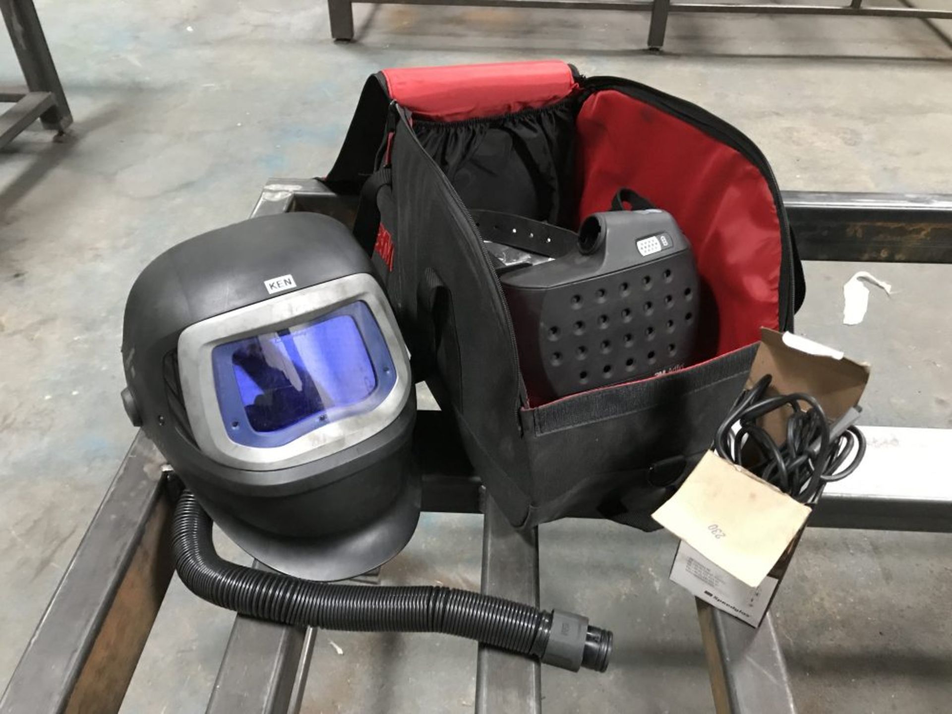 2 3M Speedglas 9100 air respirator welding helmets with Adflow battery packs, chargers and bags