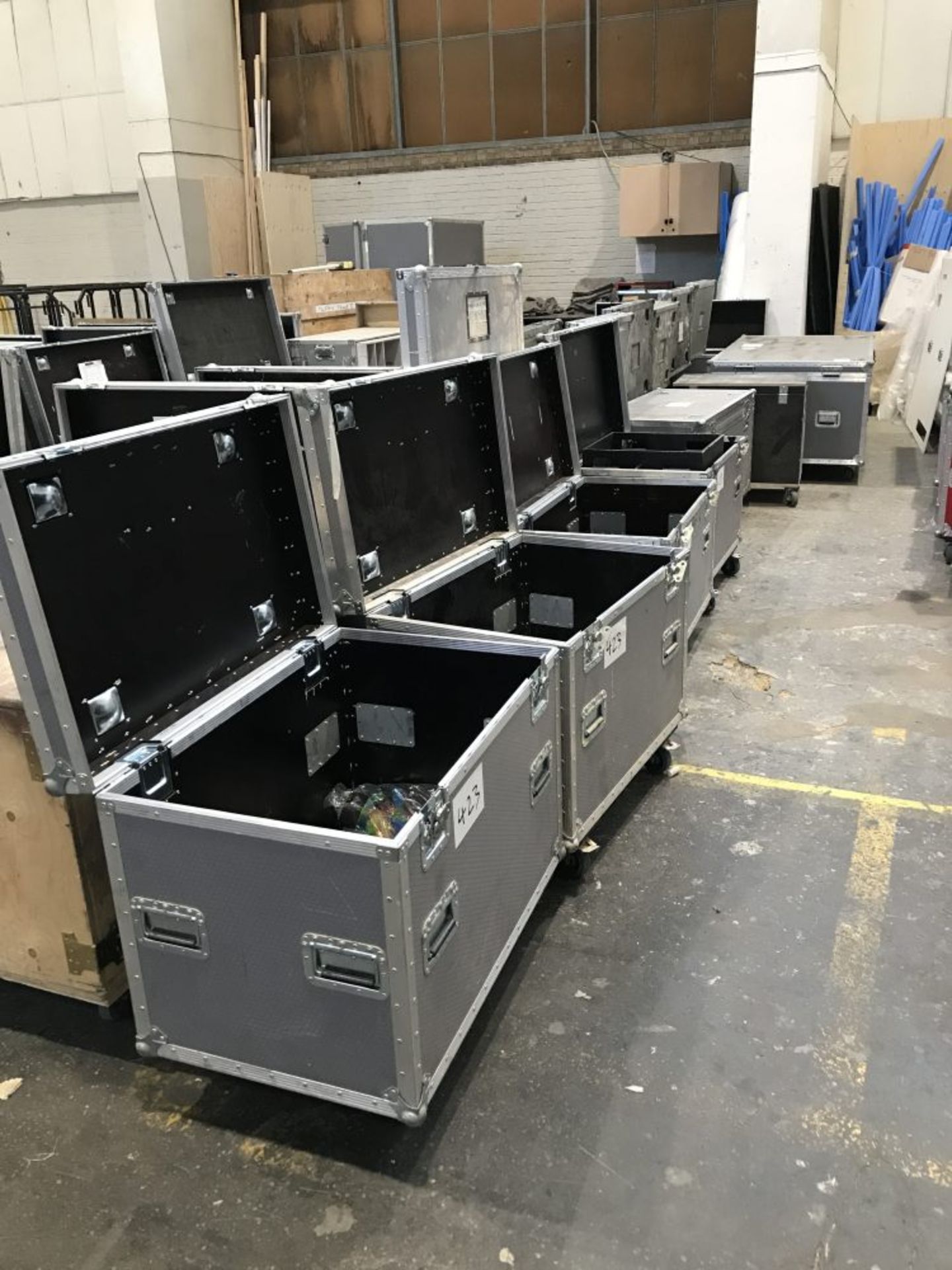 7 site storage flight cases on casters and 2 ply cabinets on casters with contents if any