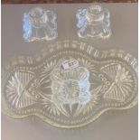 Glass dressing table set to include 2x candlesticks, 1 pin dish on a glass tray