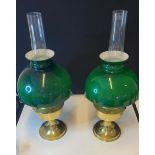 Pair of brass oil lamps (one broken shade) Alladin