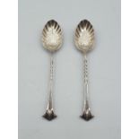 Pair of Antique Silver coffee spoons with shell shaped bowls and barley twist handles Clear hallmark