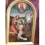 Hand painted framed late 16th century religious icon of Jesus being baptised in the river Jordan