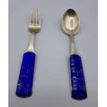 Danish silver set of fork and spoon circa 1964, marked AMICHELSEN and 16cm in length with enamel
