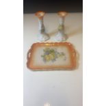 Two candle sticks on a tray made by Victoria China