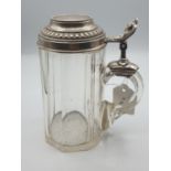 Vintage glass tankard with 800 silver hinged lid in Bavarian style with ornate lid, Koch and