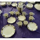 Mid winter art deco style China set to 6 small mugs, 6 saucers 6 small plates, 1 sugar bowl, 1