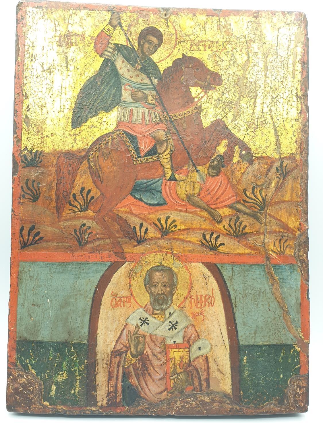 A Greek Orthodox religious icon depicting Saint Demetrios of Thessaloniki, hand painted on wood