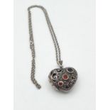 Silver 19" chain and heart locket set with garnet and marcasite, weight 16.6g