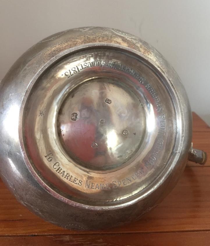 Antique Victorian silver teapot, having scroll handle and hinged dome lid, bulbous shape with - Image 2 of 2