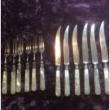 12 piece set of Walker and Hall fruit knives and forks, mother of pearl handles