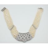 Victorian style pearl and 18ct white gold choker with over 2ct of fine white diamonds, 34cm long and