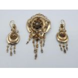 Early Victorian 15ct yellow gold brooch and earring set with seed pearls, weight 17g in total