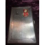 Vintage white metal Russian cigarette case, having a red badge of Lenin and a Russian inscription to