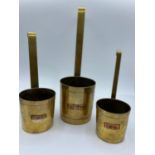 Set of 3 vintage brass and copper measuring beakers, long handles with ladle hook tops 1/2 Litre,