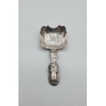 Antique George III silver caddy spoon. Rectangular shaped bowl wilt an engraved chequered design and
