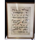 A framed Gregorian music sheet on silk from 16th century, size 72x94cm