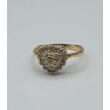 9ct gold ring with encrusted diamonds in heart shape, weight 2.8g size P
