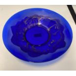 A blue studio art glass fruit bowl embellished with a gold landscape pattern, 34cm diameter