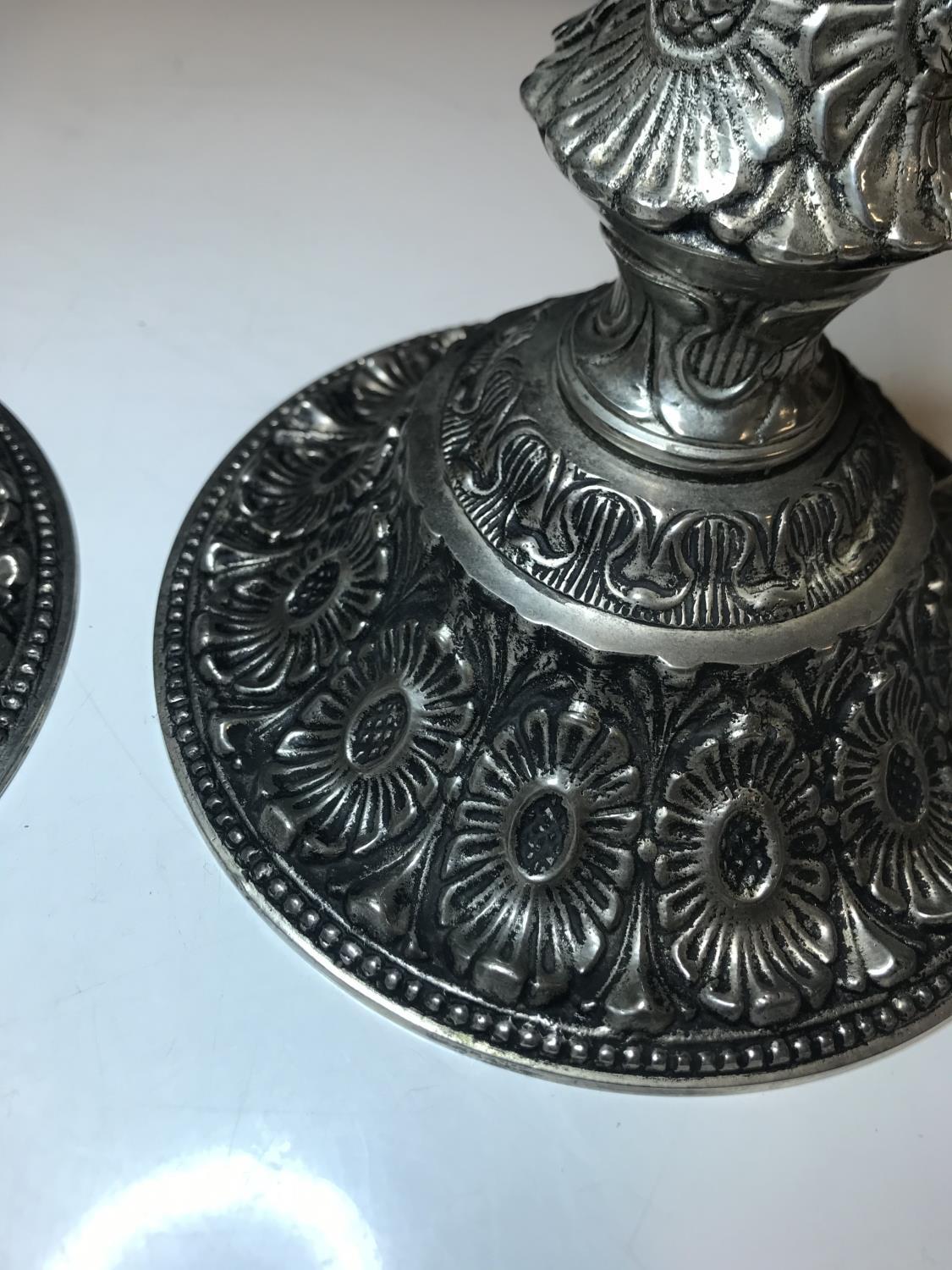 A pair of large ornate silver plate candlesticks circa 1930, with a weight of 5.7kg - Image 4 of 5