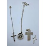 1 crucifix on a necklace plus 1 St Christopher on a necklace plus 2 crosses, all in 925 silver and