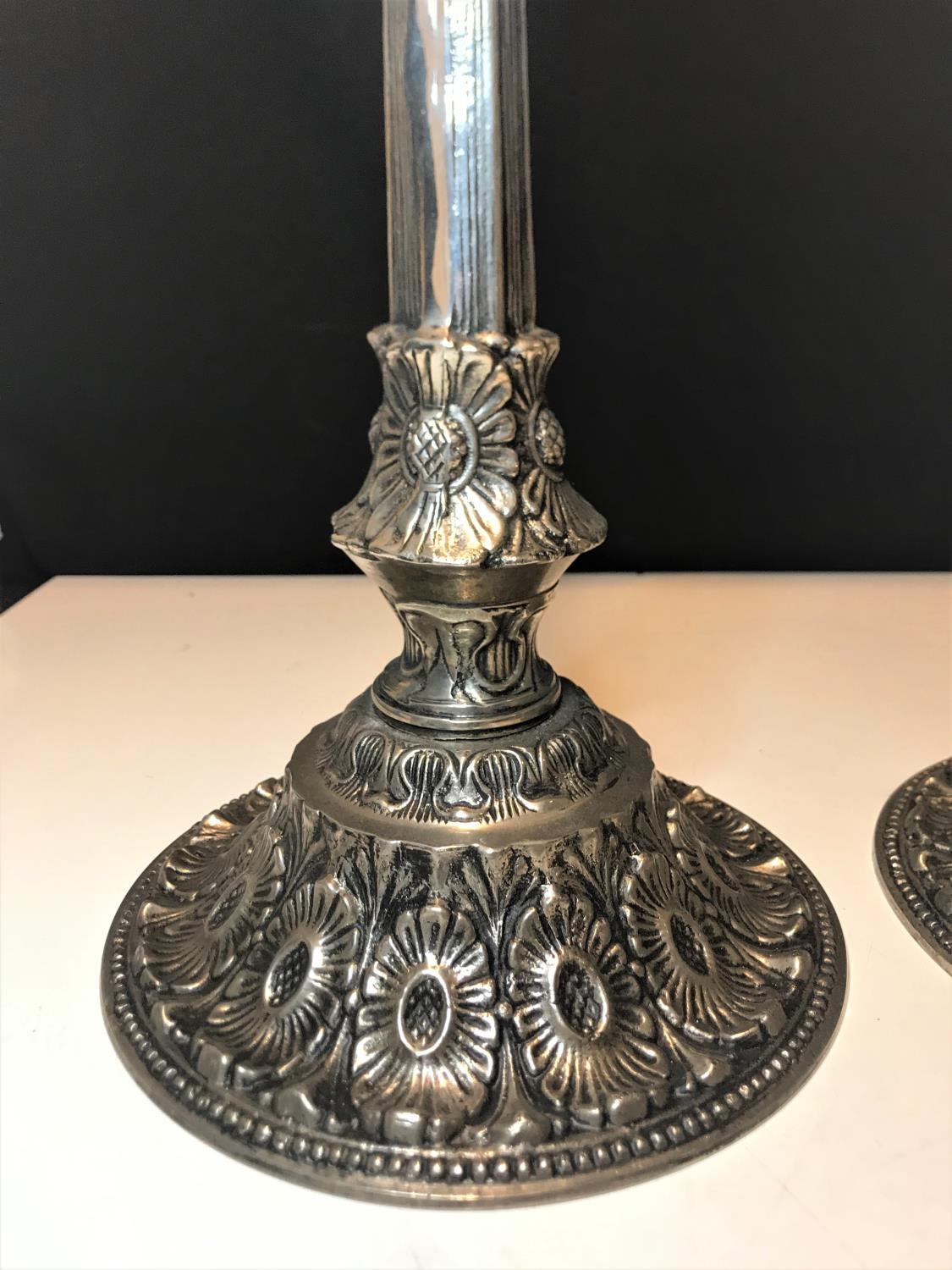 A pair of large ornate silver plate candlesticks circa 1930, with a weight of 5.7kg - Image 3 of 5