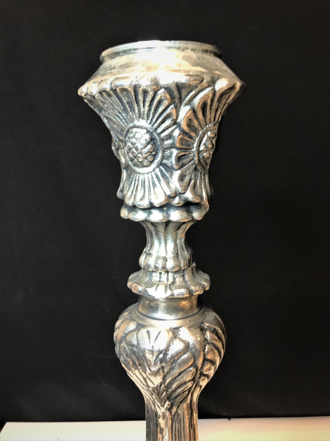 A pair of large ornate silver plate candlesticks circa 1930, with a weight of 5.7kg - Image 2 of 5