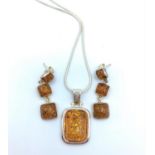Silver and amber earring and pendant set, total weight 17.12g and 40cm long necklace