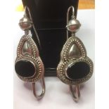 Pair of silver and black onyx earrings, drop style with Gothic Influence black stones with silver