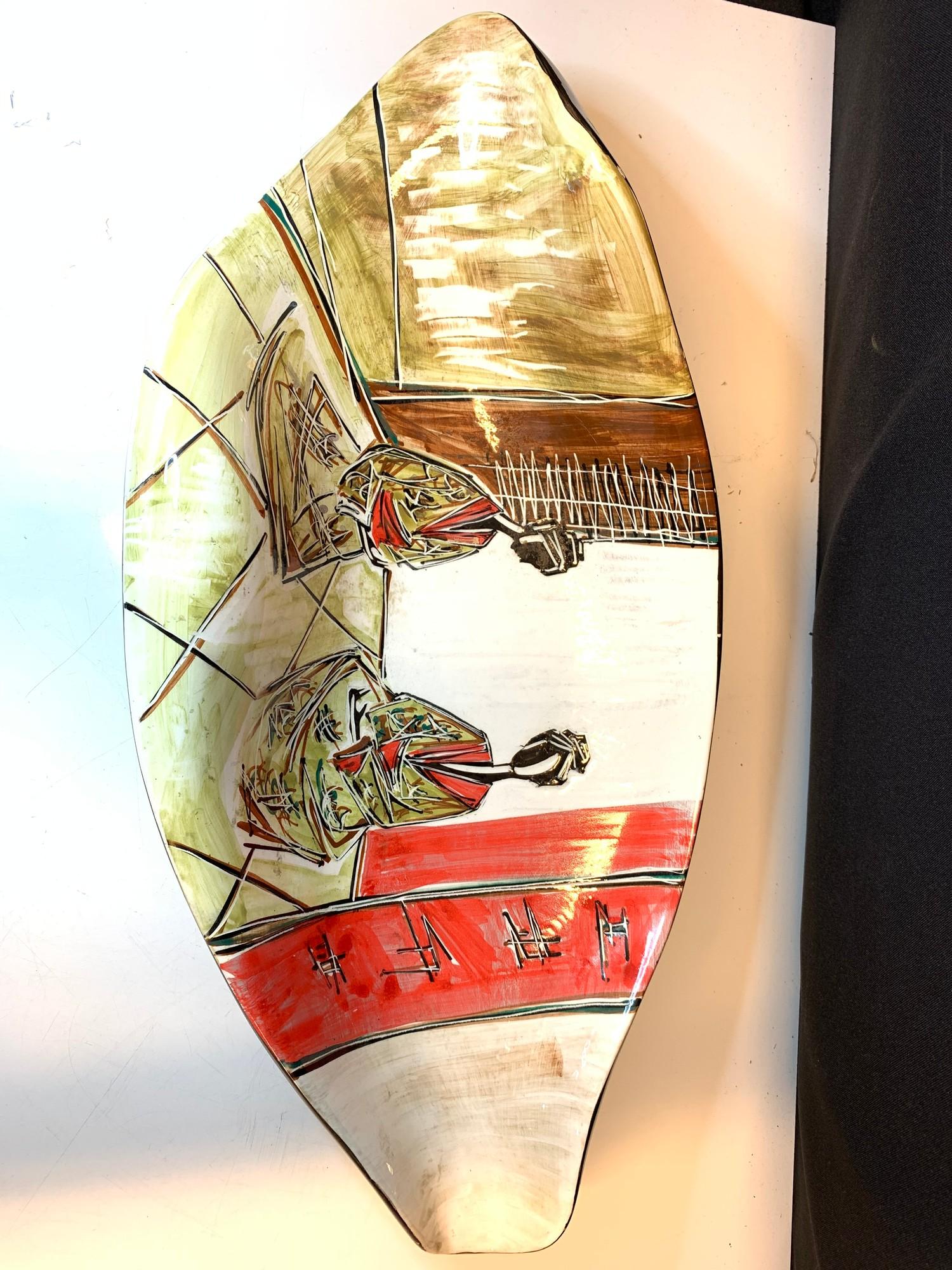 Italian ceramic 1950s style hand painted with the Japanese influence. Signed by Donatella