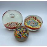 Millefiori Glass paperweights 3 different size bright paper weights.