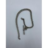 Silver Albert watch chain with hallmark on individual links and a T bar, the weight is 42g