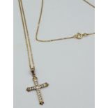 9ct diamond encrusted cross on a 9ct fine gold chain, weight 1.5g and 44cm long