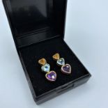 14ct yellow gold earring in the shape of 3 hearts with coloured semi precious stones, weight 3g