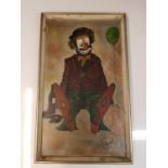 Vintage Sad drunken clown Framed textured print on canvas, Signed H Morris 65cm x 39cm
